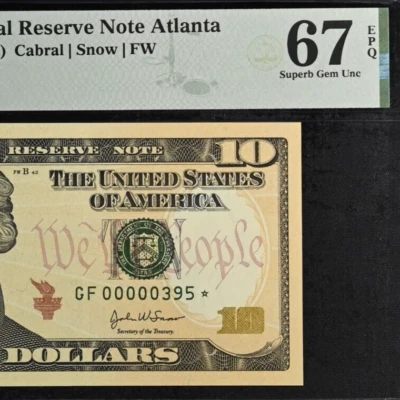 2004A $10 Federal Reserve Note PMG 67EPQ - Atlanta Low Serial Star - Fr 2039-F* - Image 1 of 4