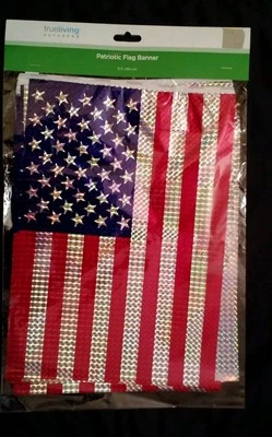2 American Patriotic Metallic Flag Banner  12 Ft.  Plastic, Red White Blue, New - Image 1 of 2