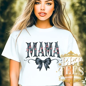 Vintage Floral MAMA T-Shirt - Black Bow Mother’s Day Tee, Mama Graphic Top - DTG - Picture 1 of 12