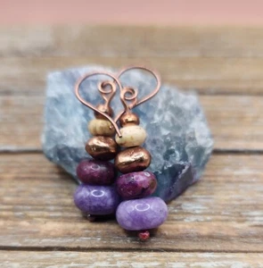 Charoite, Sugilite, Picture Jasper, and Copper Stacked Earrings - Picture 1 of 4