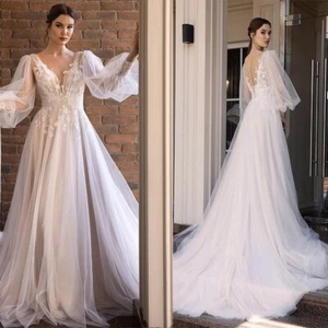 V Neck Wedding Dresses Layered Lace Long Balloon Sleeve A Line Applique Train - Picture 1 of 11