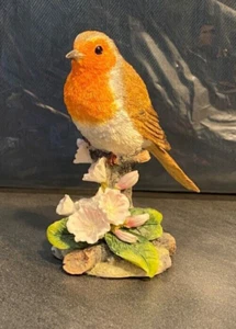 3,5" orange Brust Rotkehlchen (Vogel) auf Blumen Deko Figur, eingestellt - Bild 1 von 7