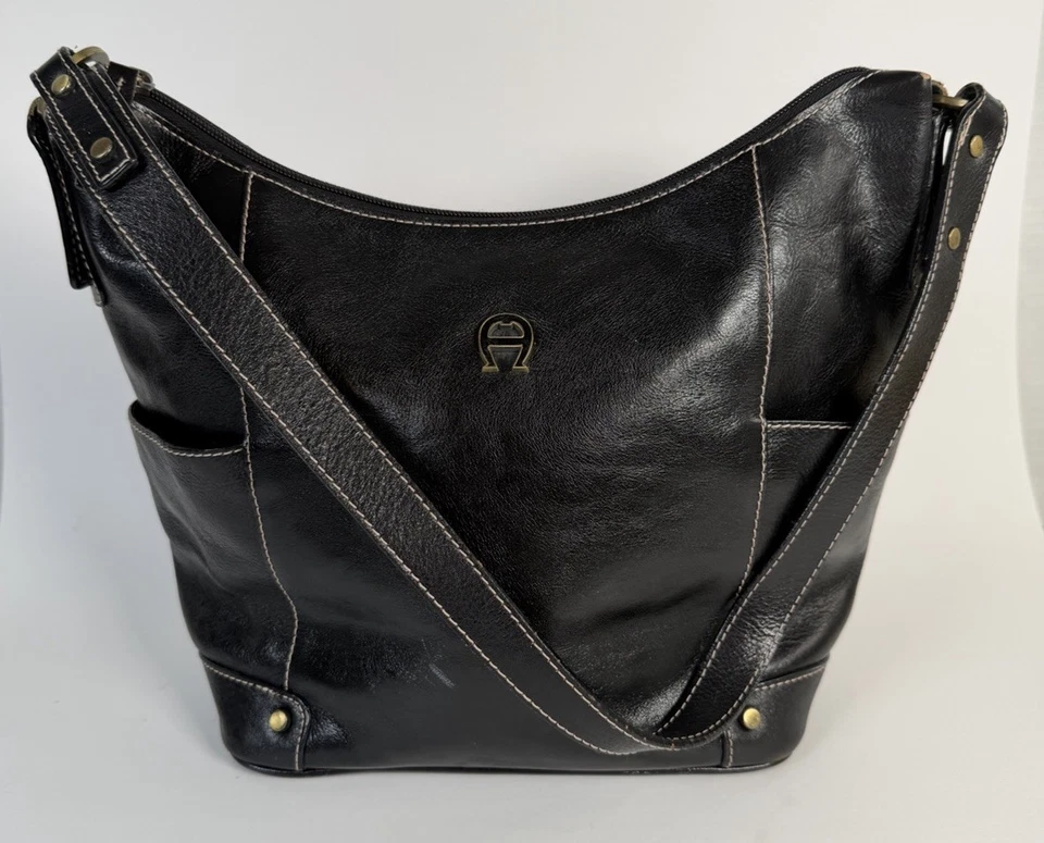 Vintage Etienne Aigner Black Leather Hobo Purse Shoulder Bag Pockets Y2K READ - Image 1 of 4