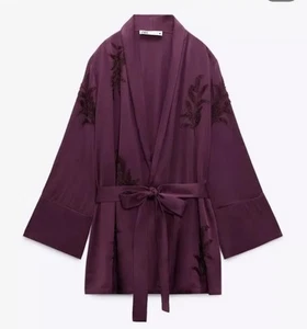 ZARA OPEN TIED BELT EMBROIDERED KIMONO WITH BEADS PURPLE SIZE S 2731/297/654 - Picture 1 of 9