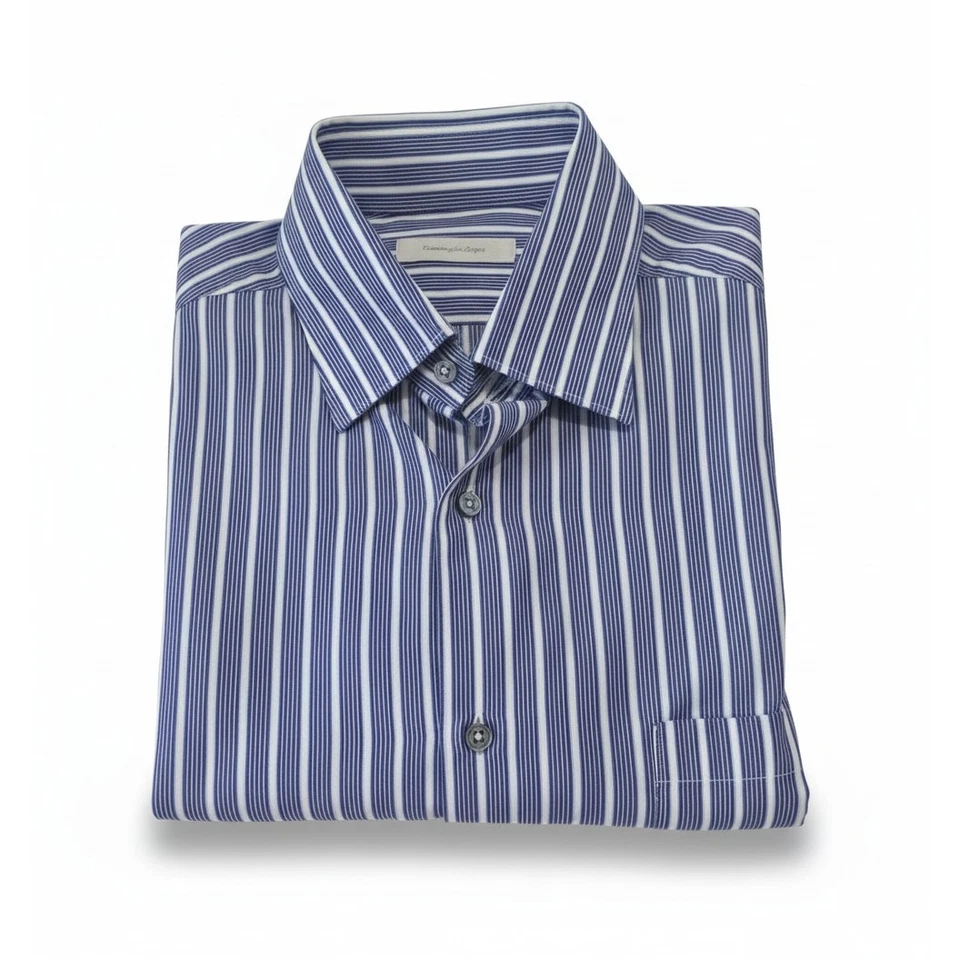 Camisa de vestir Ermenegildo Zegna para hombre L azul blanco a rayas 100 % algodón dobladillos ventilados Foto 1 de 4