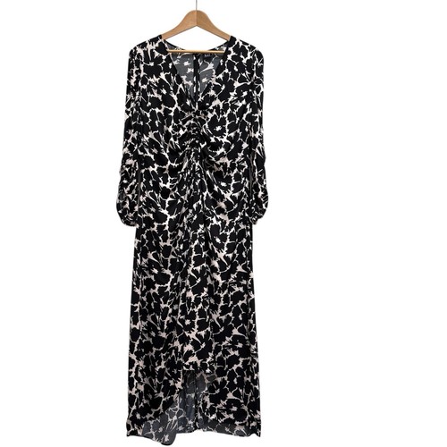 OFF WHITE Abito midi Gap in raso increspato floreale nero bianco sporco femminile romantico XL