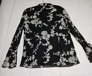 DONNA RICCO Women's Floral Blouse White Black  Long Sleeve Sheer Ruffles Size 14 - Picture 1 of 12