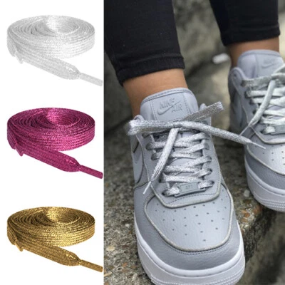 Sparkly Glittery Metallic Coloured Flat Shoelaces For Kids Ladies Trainers Shoes - Image 1 of 4