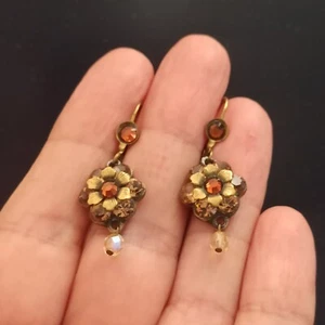 Michal Negrin Earrings Brown Crystal Flower Drop Victorian Revival Brass Vintage - Picture 1 of 12