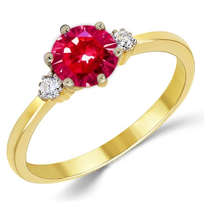 14K Solid Yellow Gold Lab Created Ruby Three Stone Engagement Ring - Image 1 of 4