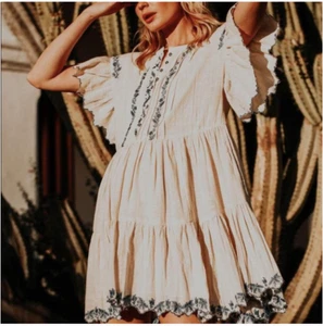Free People Santiago Oversize Kleid elfenbein blau Boho bestickt A-Linie Swing S - Bild 1 von 9