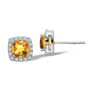 14K Solid White Gold Cushion-cut Citrine Diamond Halo Stud Earrings - Picture 1 of 4