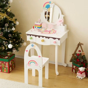 Kids Gift Vanity Makeup Table Girls Dressing Table Set with Mirror and Stool - Picture 1 of 31
