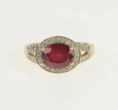 Anillo de compromiso de oro rosa con halo de zafiro blanco rubí 10K *52 Foto 1 de 4