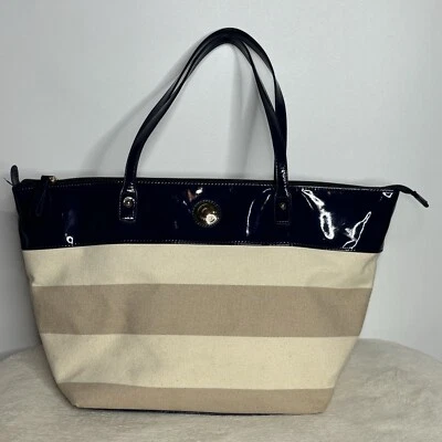 Tommy Hilfiger Women's Canvas Blue Beige Striped Tote Bag Leather Straps - Image 1 of 4
