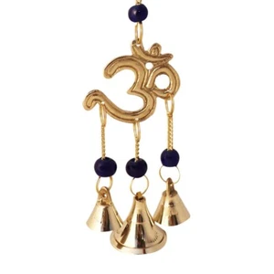 Timbre de viento de latón OHM con campanas dije de la suerte amuleto protección metal arte de pared 12"L - Imagen 1 de 5
