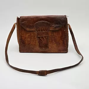 Vintage Genuine Crocodile Leather Shoulder Bag Handmade 1950s-70s Rustic Worn - Picture 1 of 24