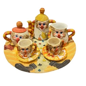 Miniature Tea Set 10 pc Happy Grinning Clown Faces Playing Cards Pottery Resin - Picture 1 of 12