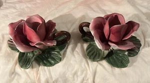 2 VTG Capodimonte PINK ROSE CANDLE HOLDER Figurine Handle Candlestick Italy 4.5” - Picture 1 of 14