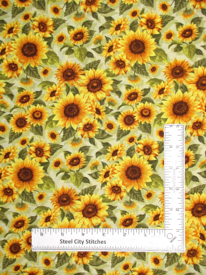 向日葵秋季织物花卉绿色金色收获可选棉按码按 — 第 1/1 张图片