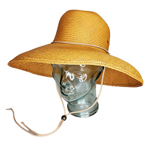 Vintage Straw Weave Sun Hat Lifeguard Large Wide Brim Bucket Bowl w/chinstrap