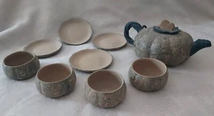 Chinese Tan & Blue Swirl Butterfly Clay TEA SET teapot cup saucer VTG China - Picture 1 of 13