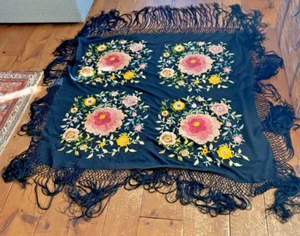 Vintage Silk Embroidered Fringed Piano Shawl Floral Textile - Picture 1 of 14