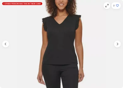 Blusa top ajustada Andrew Marc para mujer cuello en V manga con volantes (NEGRO, MEDIANO) NUEVA CON ETIQUETAS Foto 1 de 3