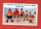 1950s COMIC postcard FAMILY walking sticks hats pipe RED clothes shorts dog