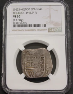 1621-46 PHILIP IV 4 REAL COB NGC VF30 TOLEDO ASSAYER P SILVER COLONIAL ERA 1600s - Picture 1 of 4