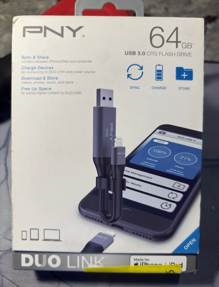 PNY Duo Link 64GB USB 3.0 OTG Flash Drive 4,Lightning Devices iPhone/ipad, NEW! - Image 1 of 4