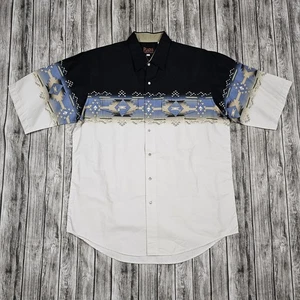 Plains Western Wear Shirt Mens L Blue White Aztec Pearl Snap Cowboy Rodeo Shirt - Picture 1 of 10