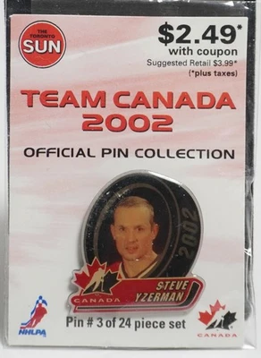 Prendedor de solapa/sombrero Toronto Sun Team Canadá 2002 sellado - #3 Steve Yzerman Foto 1 de 2