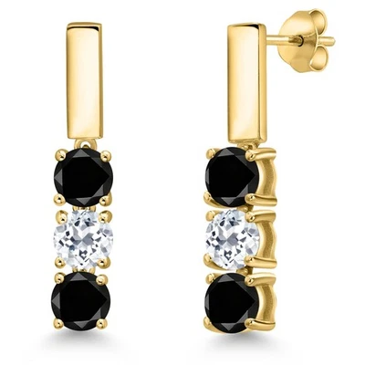 1.70 Ct Round Black Diamond White Topaz 18K Yellow Gold Plated Silver Earrings - Image 1 of 4