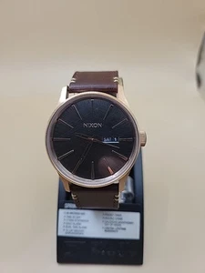 Nixon Sentry Men's Black Dial Rose Gold Case Brown Leather Band 8.5" Wrist - Picture 1 of 10