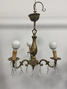 Superb Antique 3 Arm Brass Chandelier with Crystal Pendants H62cm W40cm - Picture 1 of 6