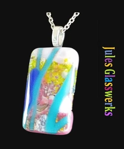 Large Hand Crafted Fused Glass Pendant Necklace W/ Chain #1553 - Picture 1 of 5