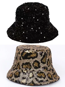 Wende Damen Mädchen Voll Pailletten Fischerhut Party Schwarz Leopard - Bild 1 von 6