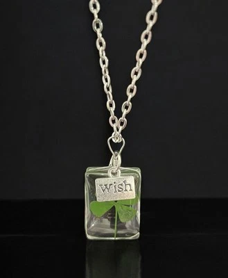 "Trébol de cuatro hojas real prensado en vidrio transparente colgante deseo suerte encanto cadena de 24""" Foto 1 de 4