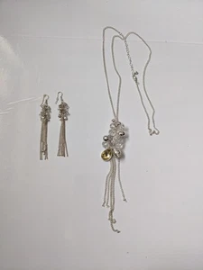 Silberfarben Halskette & Ohrringe Set Kristall Perlen Quaste Tropfen Anhänger Funkeln - Bild 1 von 3