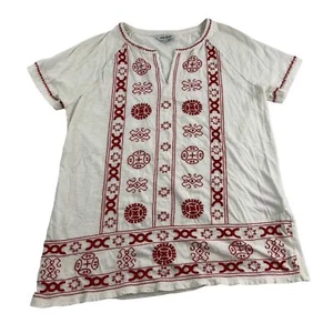 Lucky Brand Pullover Top Women's Medium White Red Embroidered Cotton Hippie Boho - Picture 1 of 5
