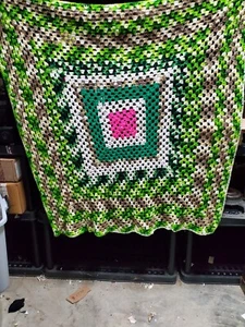 Vintage Crochet Knit Afghan Throw Green White Squares 44 in. Square handmade - Picture 1 of 1