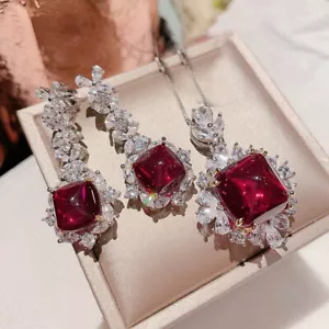 2pc Set Sugar Tower Garnet White Topaz Gems Charm Women Girl Necklace Earring - Picture 1 of 6