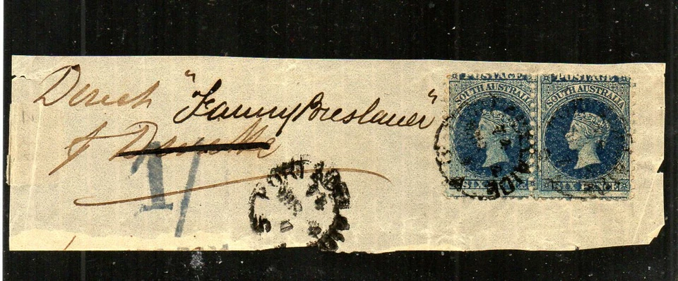 SOUTH AUSTRALIA 1857 SCOTT# 8 PAIR ON PIECE WITH LOCAL 1/ MARK.  CATS $400.00+. - Image 1 of 1