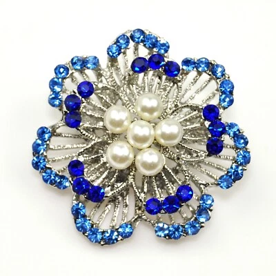蓝色花朵水钻胸针珍珠水晶花朵胸针女士礼物 — 第 1/4 张图片