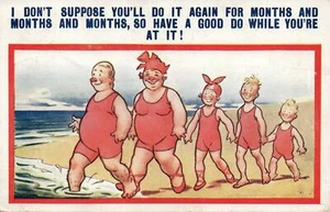 VINTAGE COMIC BAMFORTH SILLY HAPPY FAMILY ALL DRESSED in RED SWIMSUITS POSTCARD - Picture 1 of 2