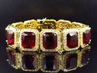 Men's Red Ruby Simulated Broad Bracelet 14k Yellow Gold Plated Silver