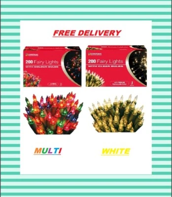 Christmas 200 Multi-Coloured/Clear White Christmas Tree Fairy Lights - Image 1 of 2