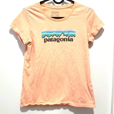 Patagonia Logo Girls T-Shirt Youth XL Short Cap Sleeve Peach Pink Spell Out Mtns - Image 1 of 4