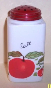 VINTAGE MILK WHITE GLASS RED CHERRIES CHERRY APPLE 4 1/8 " SALT SHAKER - Picture 1 of 3